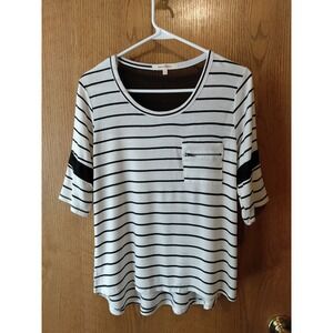 Wishful Park Women's Blouse Sz XL B&W Striped 3/4 Sleeve Top Sheer Inlays NICE!